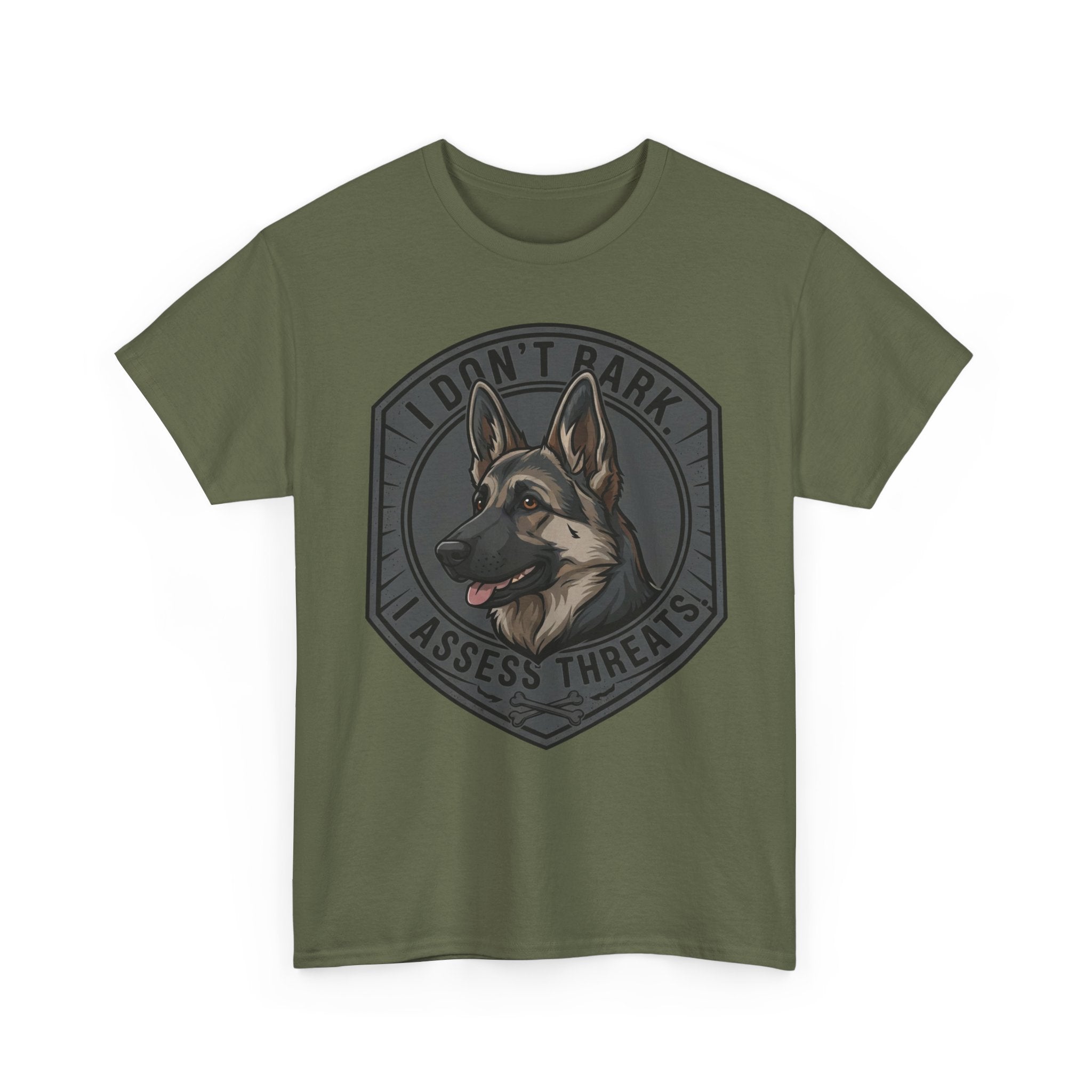 German Shepherd “I Don’t Bark. I Assess Threats.” Unisex Heavy Cotton Tee